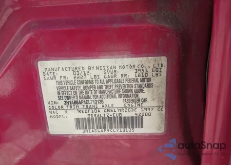 2012 Nissan Sentra 2.0/2.0S/Sr/2.0Sl z USA, uszkodzony, nr VIN 3N1AB6AP4CL713135